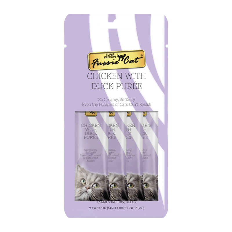 Fussie Cat Super Premium Puree Cat Treat, Chicken & Duck, 4-count