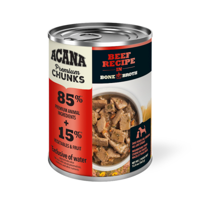 Acana Premium Chunks Canned Dog Food, Beef Recipe in Bone Broth, 12.8-oz