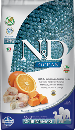 Farmina N&D Ocean Dry Dog Food, Cod Pumpkin & Orange, Adult, Medium & Maxi, 26.5-lb