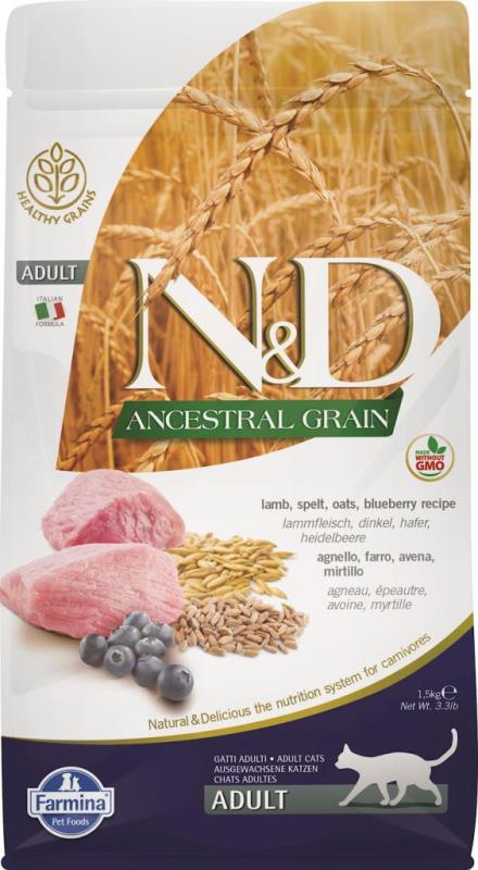 Farmina N&D Ancestral Grain Dry Cat Food, Lamb & Blueberry, Adult, 3.3-lb