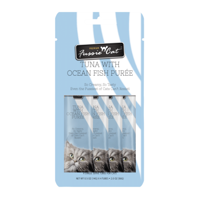 Fussie Cat Premium Puree Cat Treat, Tuna & Ocean Fish, 4-count