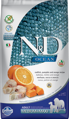 Farmina N&D Ocean Dry Dog Food, Cod Pumpkin & Orange, Adult, Medium & Maxi, 5.5-lb