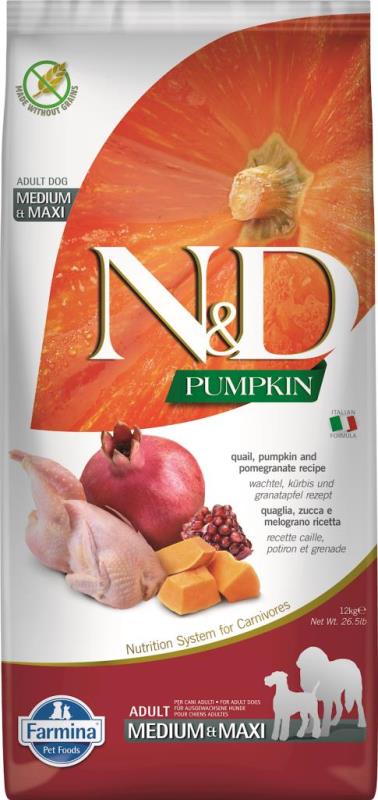 Farmina N&D Pumpkin Dry Dog Food, Quail & Pomegranate, Adult, Medium & Maxi, 26.5-lb