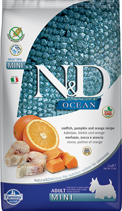 Farmina N&D Ocean Dry Dog Food, Cod Pumpkin & Orange, Adult, Mini, 15.4-lb