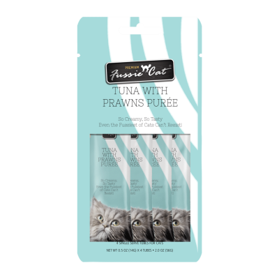 Fussie Cat Premium Puree Cat Treat, Tuna & Prawns, 4-count