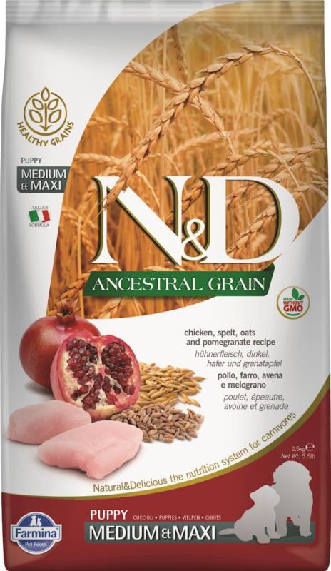 Farmina N&D Ancestral Grain Dry Dog Food, Chicken & Pomegranate, Puppy, Medium & Maxi, 5.5-lb