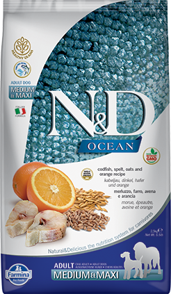 Farmina N&D Ocean Dry Dog Food, Cod Spelt Oats & Orange, Adult, Medium & Maxi, 5.5-lb