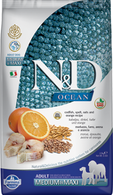 Farmina N&D Ocean Dry Dog Food, Cod Spelt Oats & Orange, Adult, Medium & Maxi, 5.5-lb