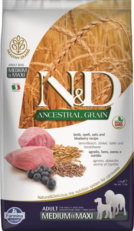 Farmina N&D Ancestral Grain Dry Dog Food, Lamb & Blueberry, Adult, Medium & Maxi, 5.5-lb