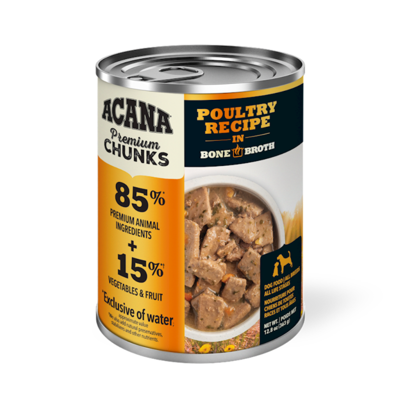 Acana Premium Chunks Canned Dog Food, Poultry Recipe in Bone Broth, 12.8-oz